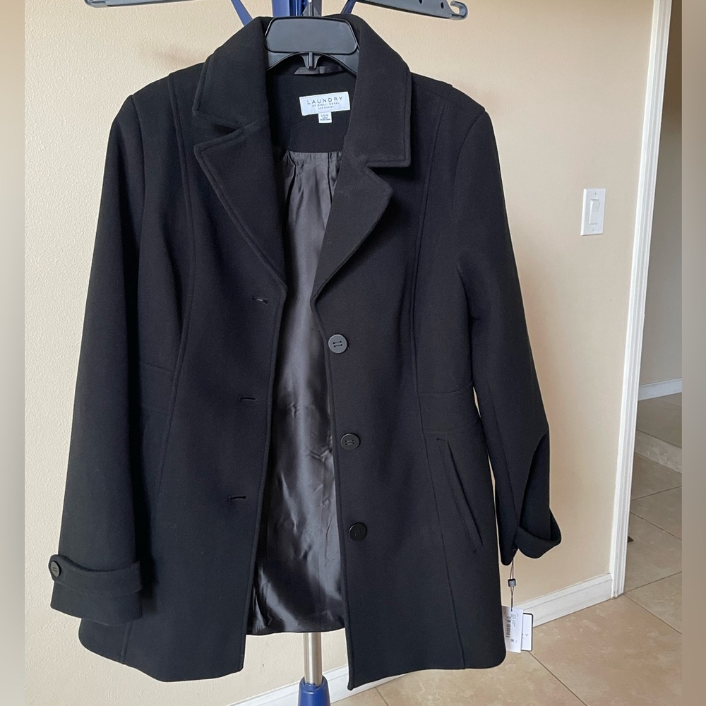 NWT Laundry by Shelli Segal Black Wool Alternative Pea Coat, large.